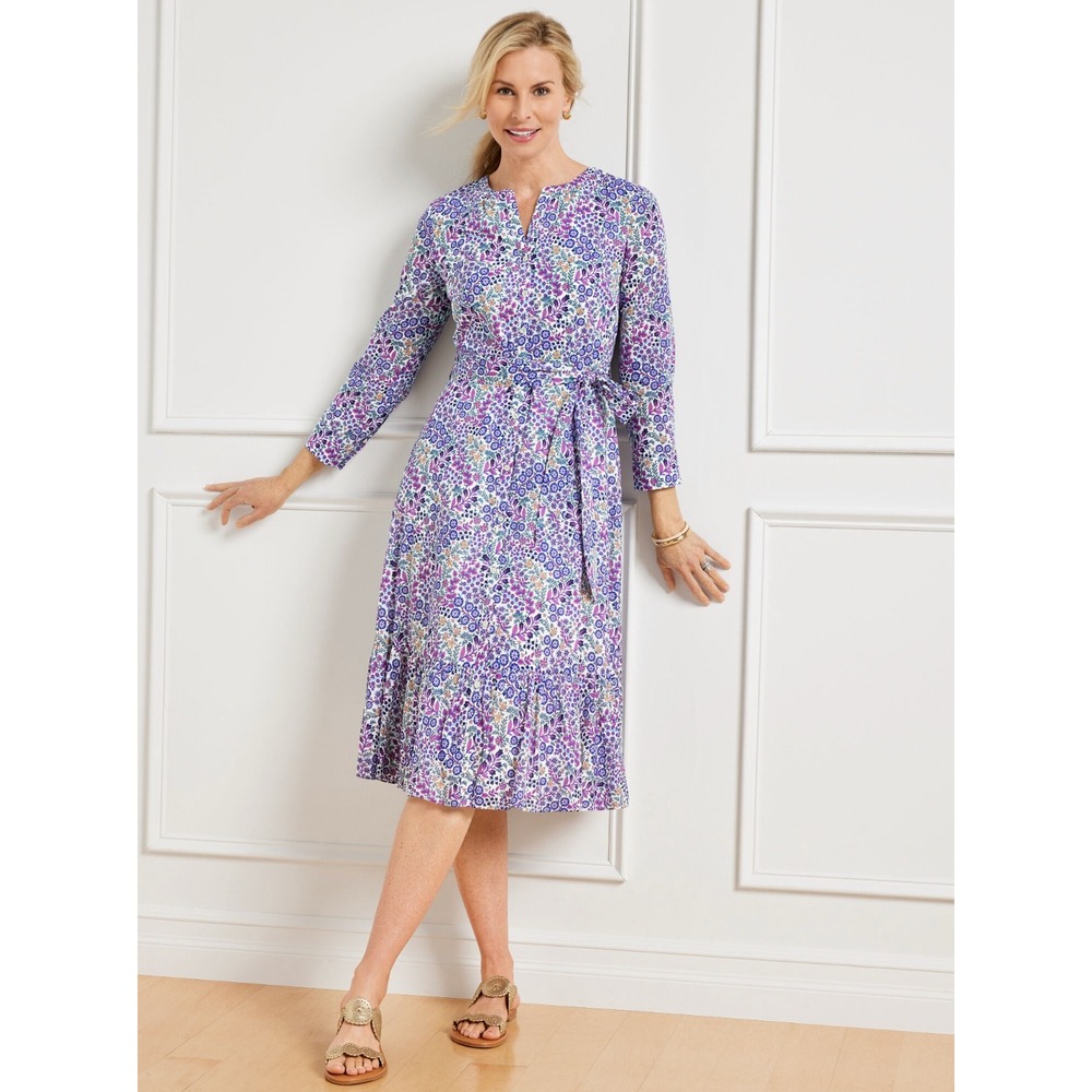 Talbots 14 Petite Midi Shirtdress Ditsy Voile Purple Floral Long Sleeve Dress